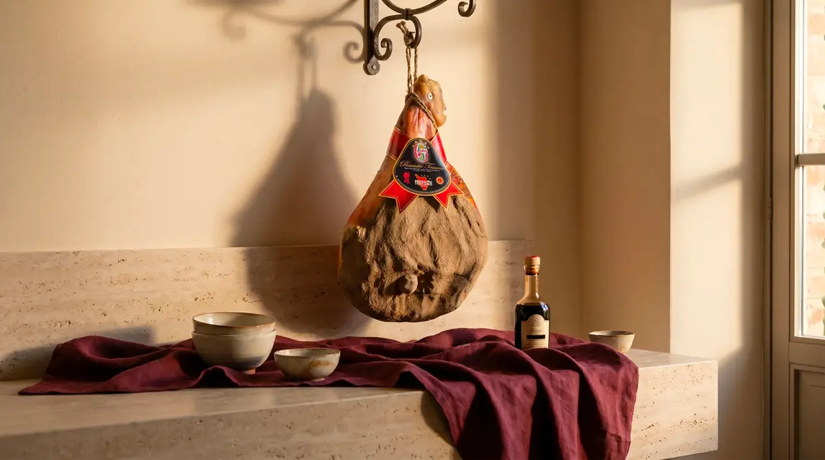 Prosciutto Toscano DOP Ghelli — dettaglio della cotenna e pepatura tradizionale